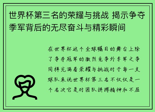 世界杯第三名的荣耀与挑战 揭示争夺季军背后的无尽奋斗与精彩瞬间